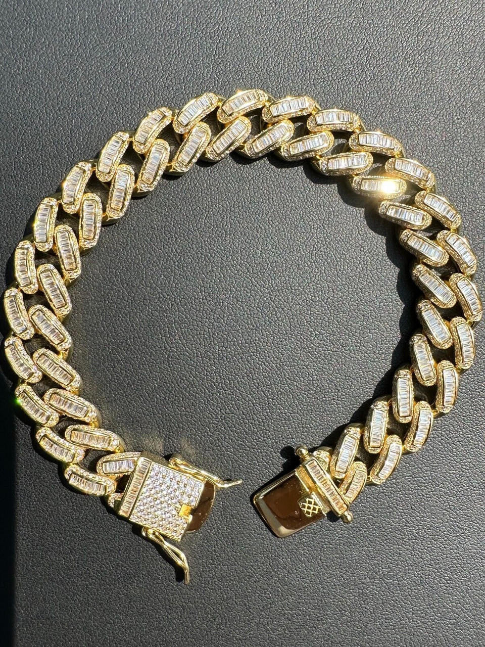 Classic Baguette Miami Cuban Link Braceket Iced Out - 14k Gold Vermeil 925 Silver - 12mm - 7"-8.5"