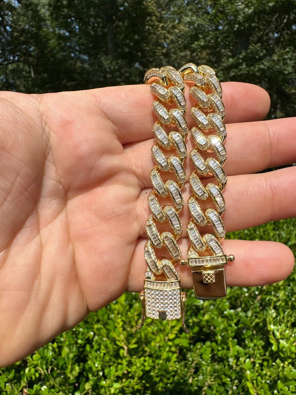 Classic Baguette Miami Cuban Link Braceket Iced Out - 14k Gold Vermeil 925 Silver - 12mm - 7"-8.5"