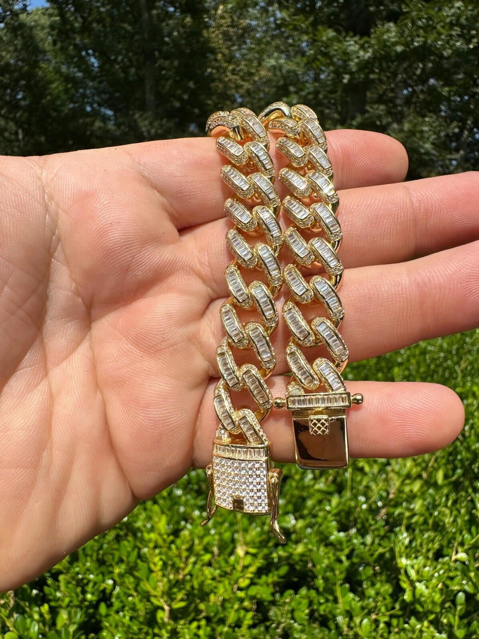 Classic Baguette Miami Cuban Link Braceket Iced Out - 14k Gold Vermeil 925 Silver - 12mm - 7"-8.5"