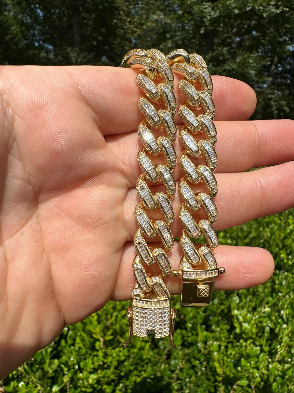 Classic Baguette Miami Cuban Link Braceket Iced Out - 14k Gold Vermeil 925 Silver - 12mm - 7"-8.5"
