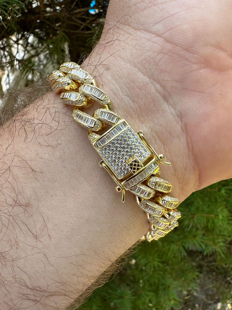 Classic Baguette Miami Cuban Link Braceket Iced Out - 14k Gold Vermeil 925 Silver - 12mm - 7"-8.5"