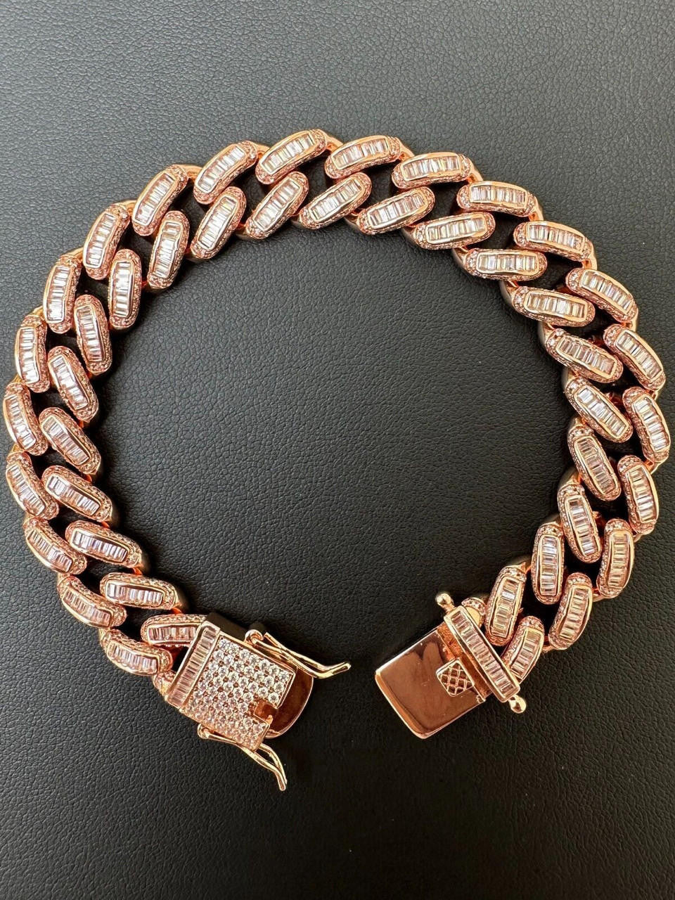 Classic Baguette Miami Cuban Link Bracelet Iced Out - 14k Rose Gold Vermeil 925 Silver - 12mm - 7"-8.5"