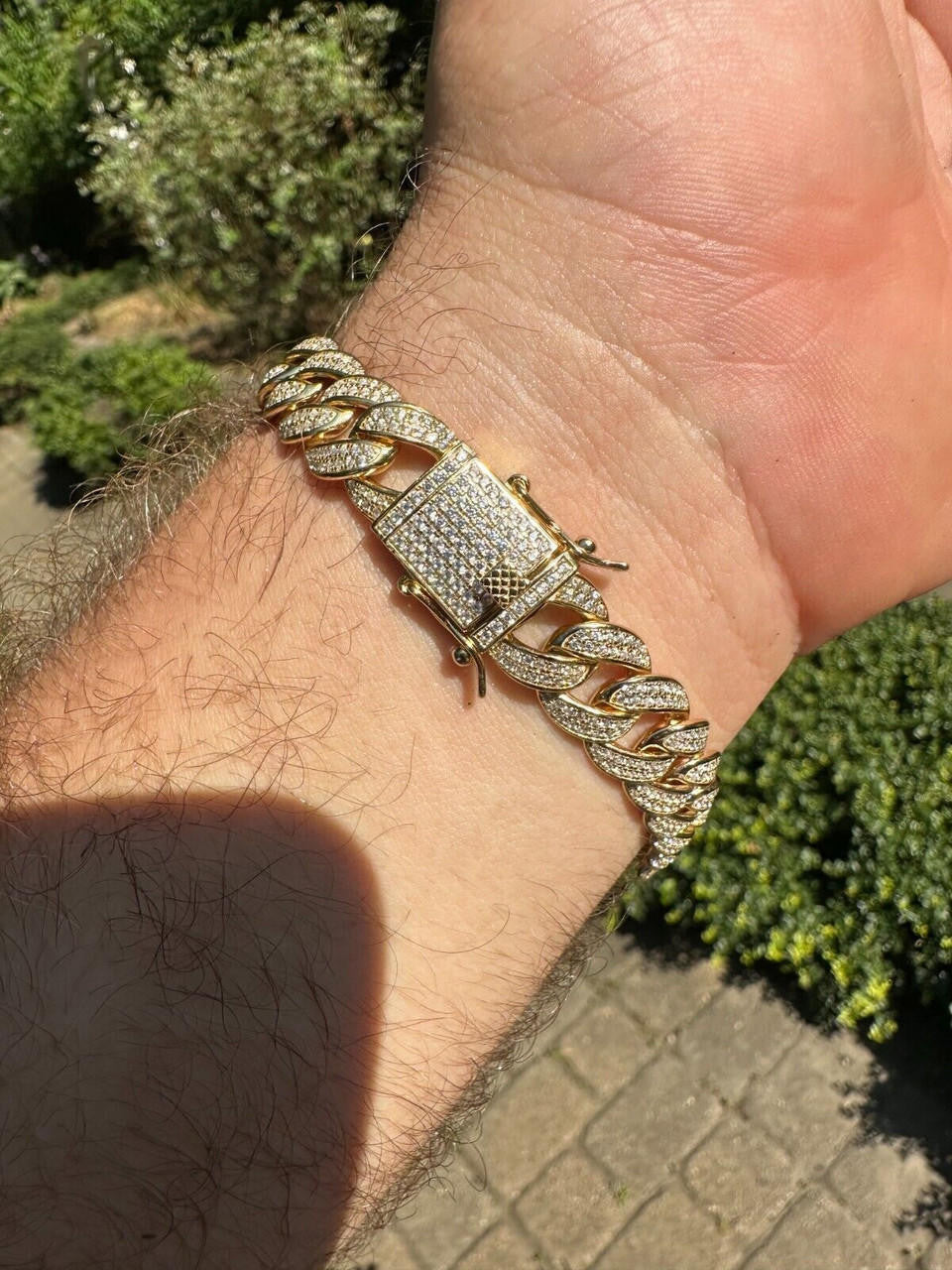 Flat Miami Cuban Link Bracelet Iced Out CZ Stones -14k Gold Vermeil & 925 Silver - 12mm - 7"-9"