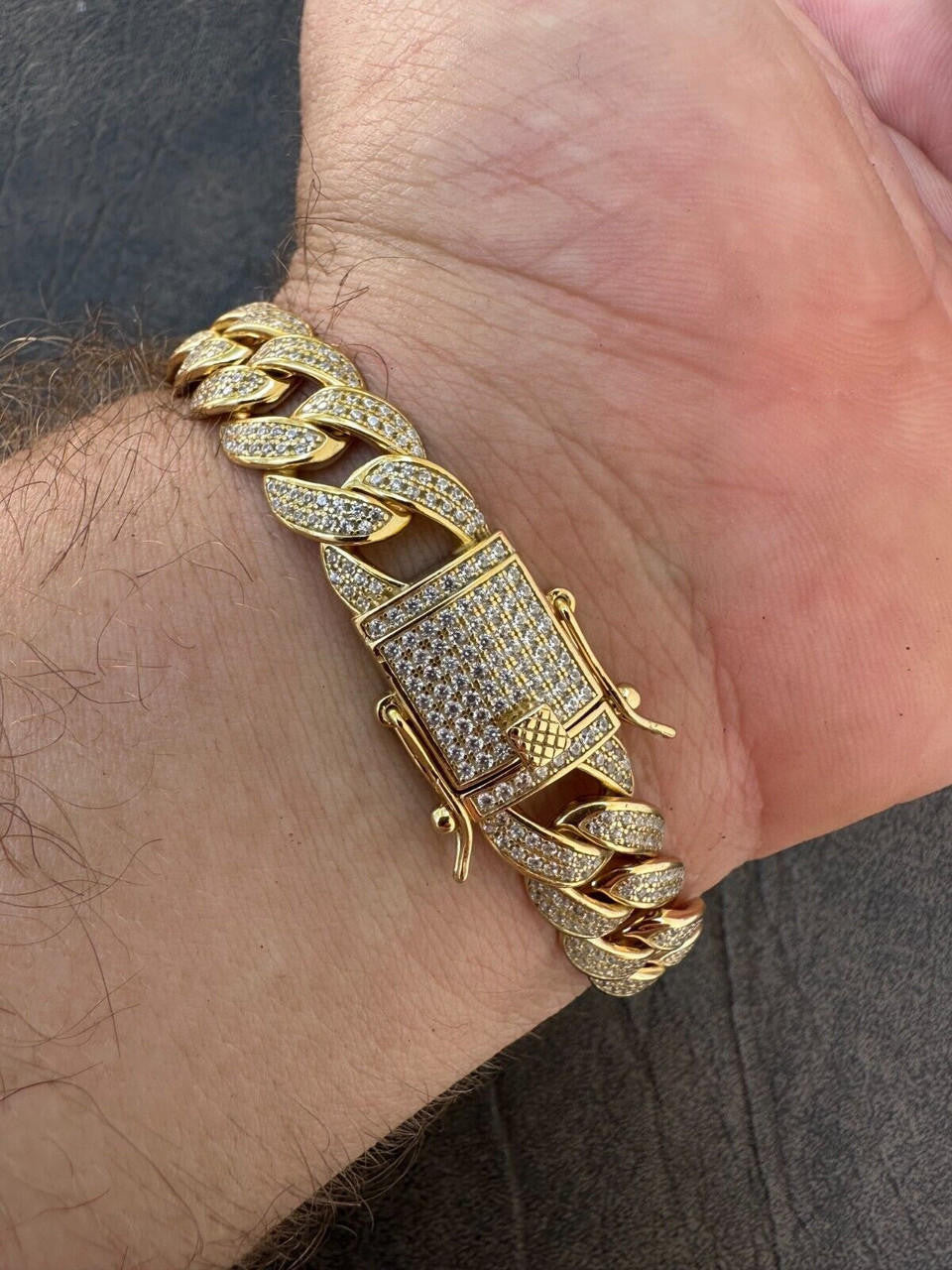 Flat Miami Cuban Link Bracelet Iced Out CZ Stones -14k Gold Vermeil & 925 Silver - 12mm - 7"-9"