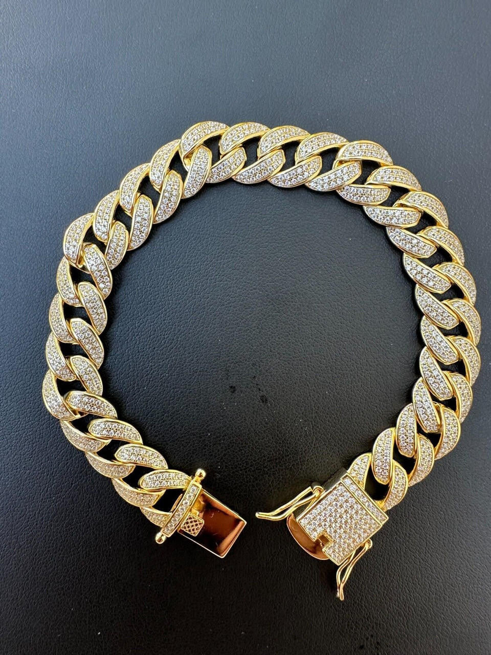 Flat Miami Cuban Link Bracelet Iced Out CZ Stones -14k Gold Vermeil & 925 Silver - 12mm - 7"-9"