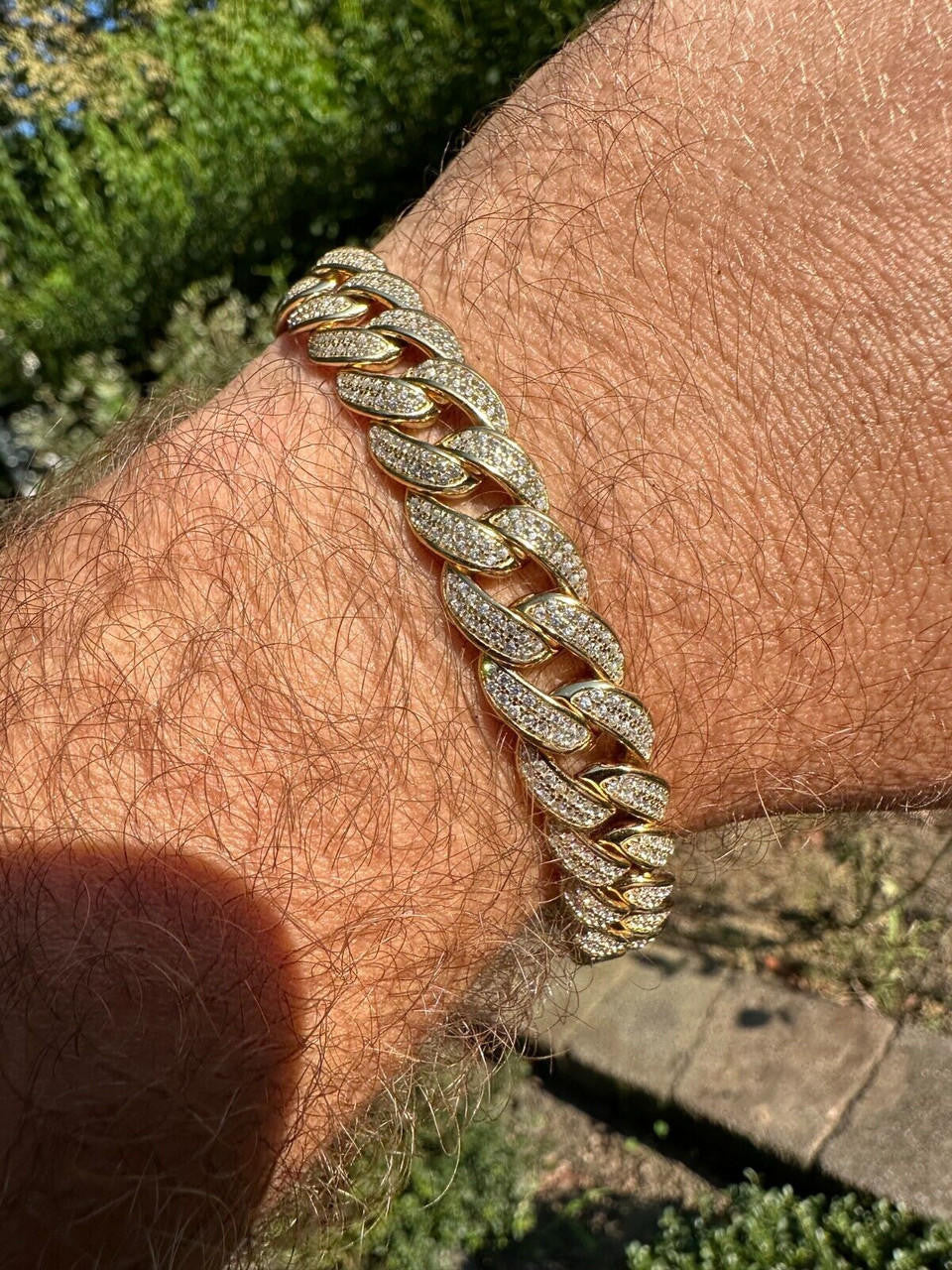 Flat Miami Cuban Link Bracelet Iced Out CZ Stones -14k Gold Vermeil & 925 Silver - 12mm - 7"-9"