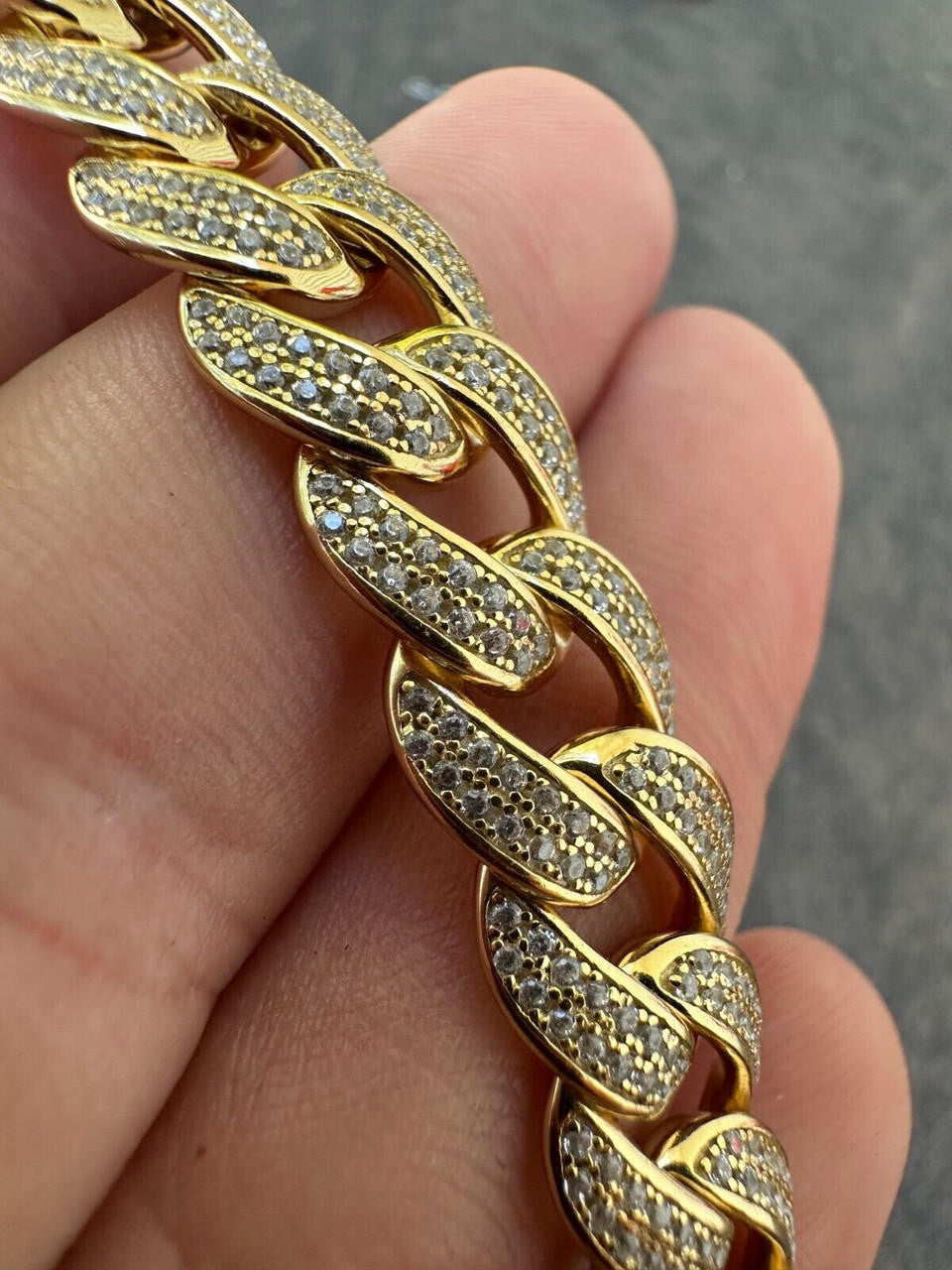 Flat Miami Cuban Link Bracelet Iced Out CZ Stones -14k Gold Vermeil & 925 Silver - 12mm - 7"-9"