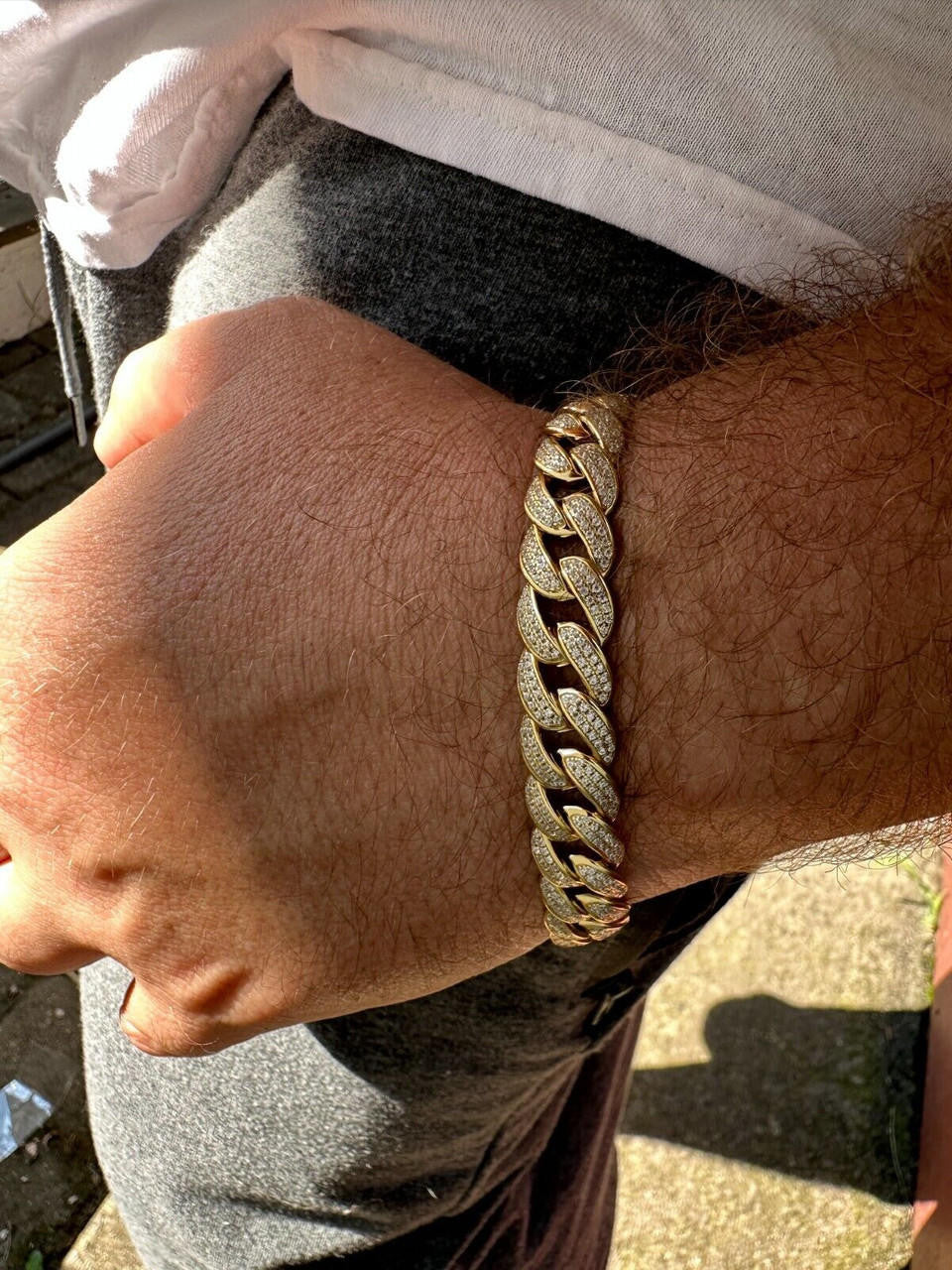 Flat Miami Cuban Link Bracelet Iced Out CZ Stones -14k Gold Vermeil & 925 Silver - 12mm - 7"-9"