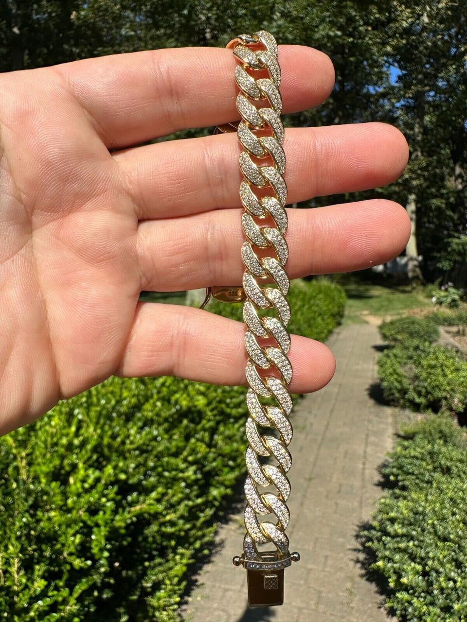 Flat Miami Cuban Link Bracelet Iced Out CZ Stones -14k Gold Vermeil & 925 Silver - 12mm - 7"-9"