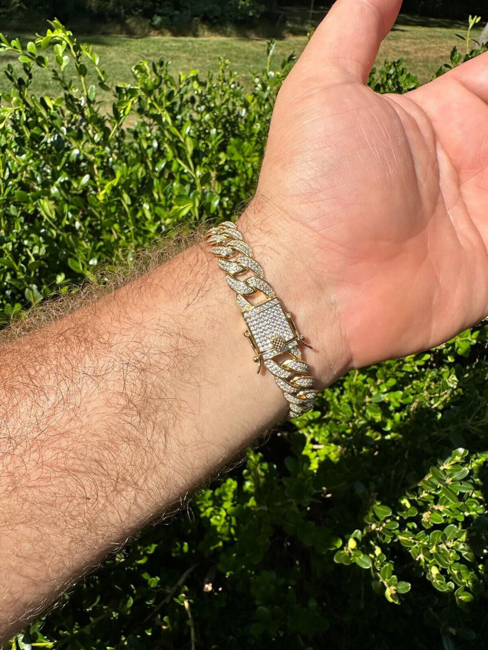 Flat Miami Cuban Link Bracelet Iced Out CZ Stones -14k Gold Vermeil & 925 Silver - 12mm - 7"-9"