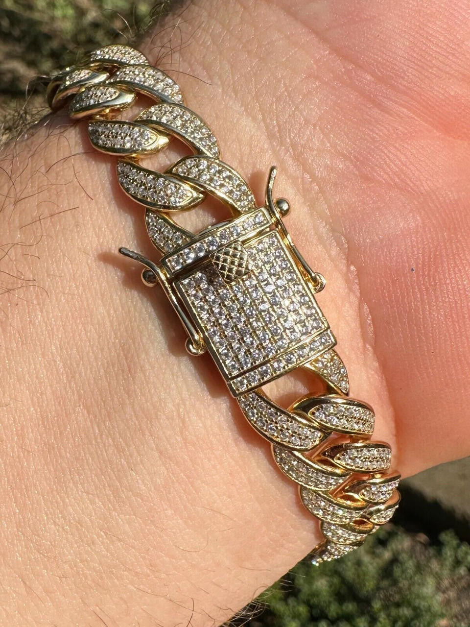Flat Miami Cuban Link Bracelet Iced Out CZ Stones -14k Gold Vermeil & 925 Silver - 12mm - 7"-9"