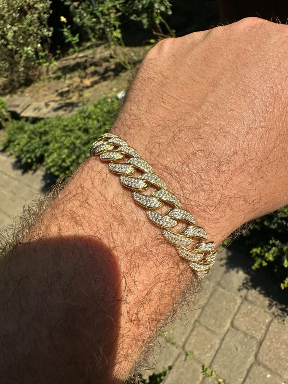 Flat Miami Cuban Link Bracelet Iced Out CZ Stones -14k Gold Vermeil & 925 Silver - 12mm - 7"-9"