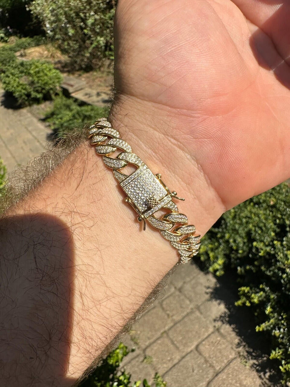 Flat Miami Cuban Link Bracelet Iced Out CZ Stones -14k Gold Vermeil & 925 Silver - 12mm - 7"-9"
