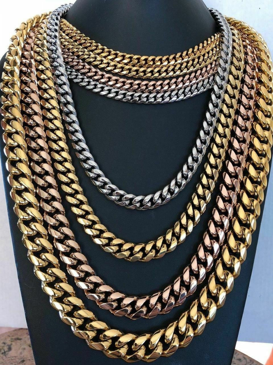 Mens Miami Cuban Link Chain - Gold Plated Stainless Steel 8-18mm Yellow/Rose/White