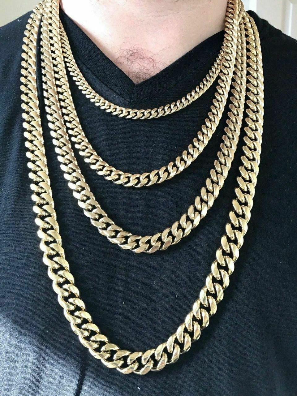 Mens Miami Cuban Link Chain - Gold Plated Stainless Steel 8-18mm Yellow/Rose/White