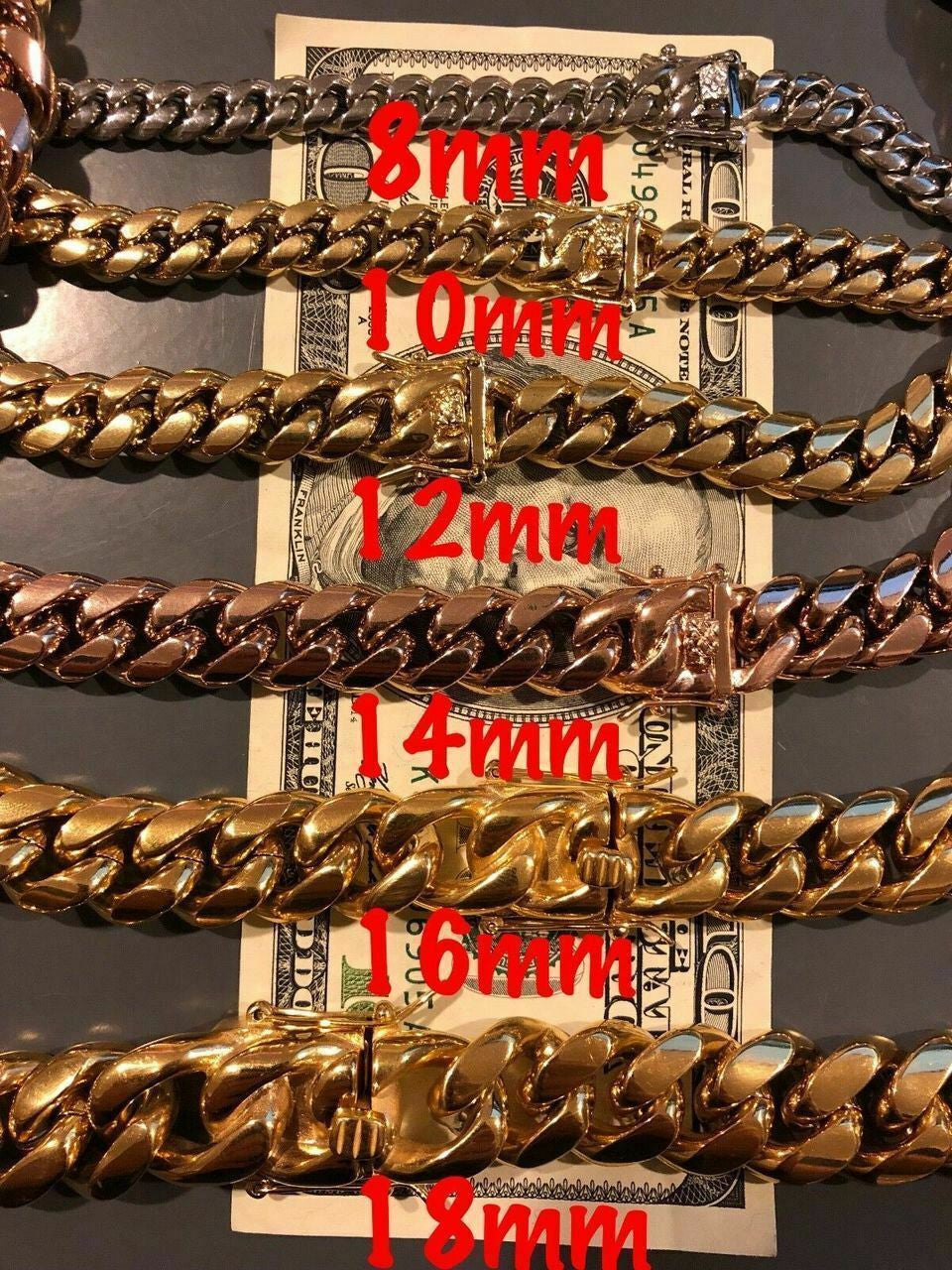 Mens Miami Cuban Link Chain - Gold Plated Stainless Steel 8-18mm Yellow/Rose/White