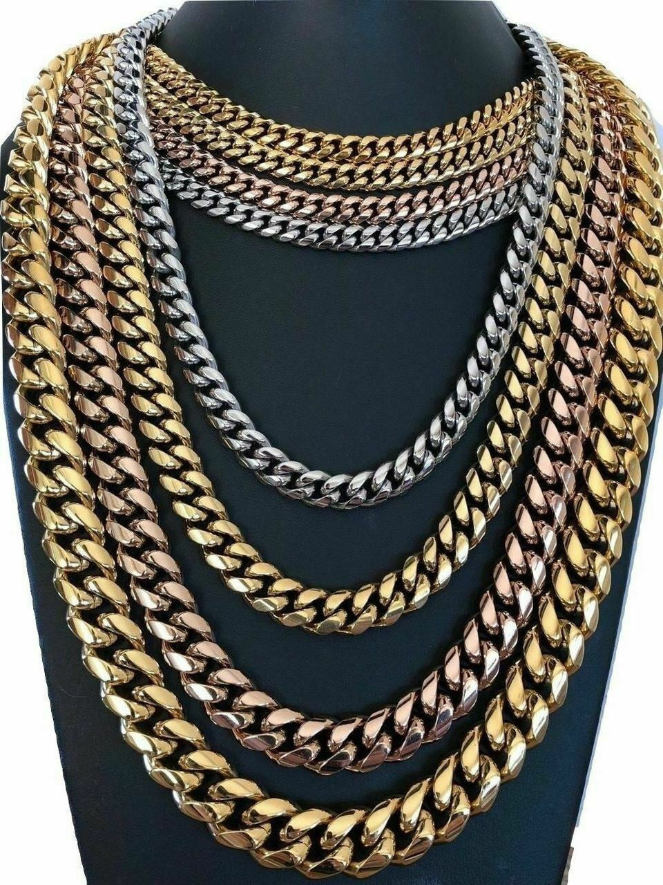 Mens Miami Cuban Link Chain - Gold Plated Stainless Steel 8-18mm Yellow/Rose/White