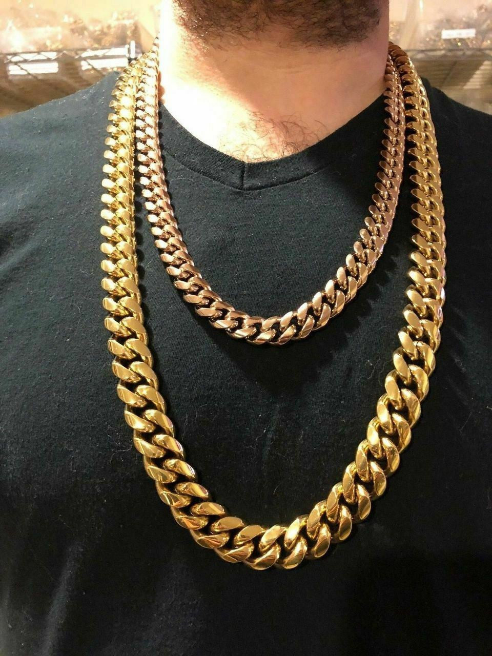 Mens Miami Cuban Link Chain - Gold Plated Stainless Steel 8-18mm Yellow/Rose/White