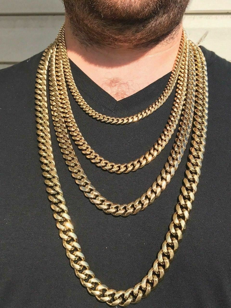 Mens Miami Cuban Link Chain - Gold Plated Stainless Steel 8-18mm Yellow/Rose/White
