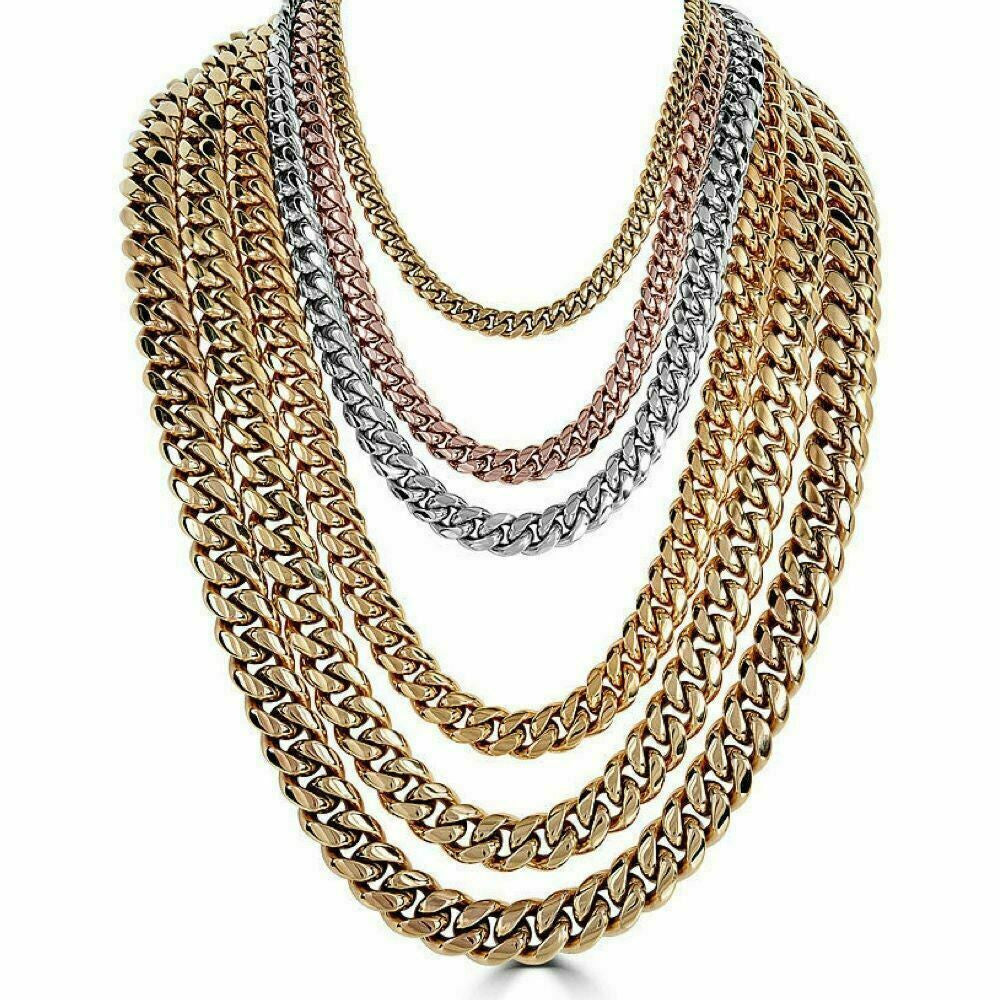 Mens Miami Cuban Link Chain - Gold Plated Stainless Steel 8-18mm Yellow/Rose/White