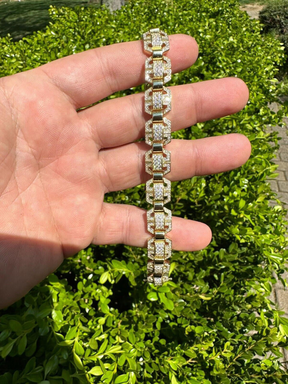 MOISSANITE Octagonal Custom Link Bracelet Iced Out - 14k Gold Vermeil 925 Silver - 12mm - 7"-8.5"