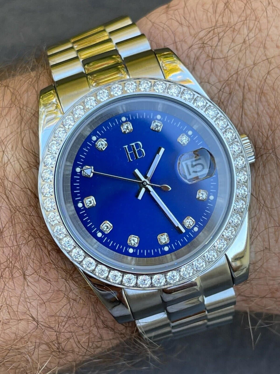Mens Presidential Stainless Blue Face Iced Bezel 41mm Automatic Movement Watch