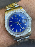 Mens Presidential Stainless Blue Face Iced Bezel 41mm Automatic Movement Watch