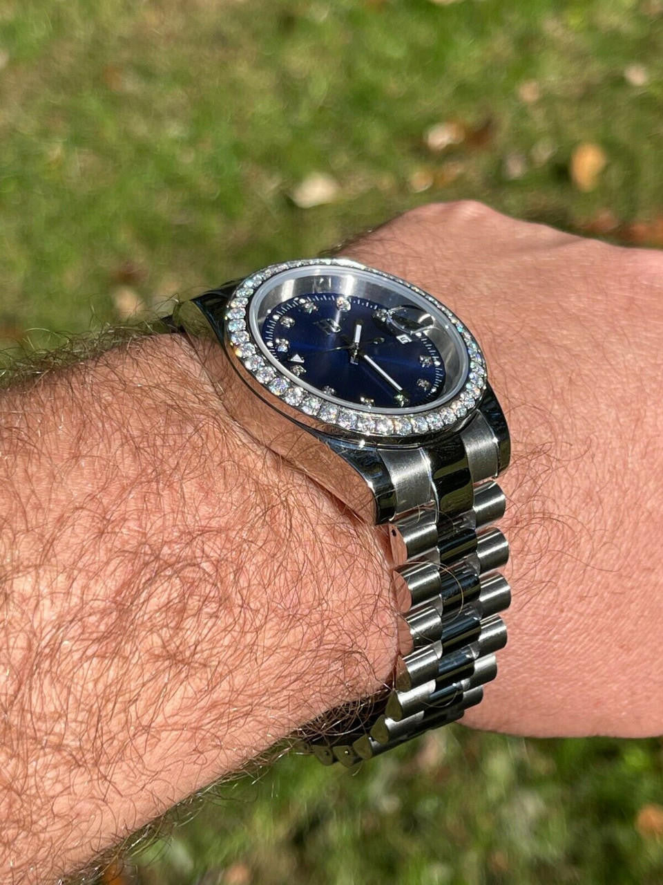 Mens Presidential Stainless Blue Face Iced Bezel 41mm Automatic Movement Watch