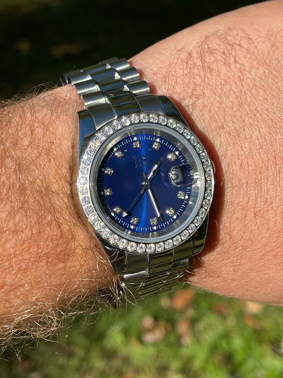 Mens Presidential Stainless Blue Face Iced Bezel 41mm Automatic Movement Watch