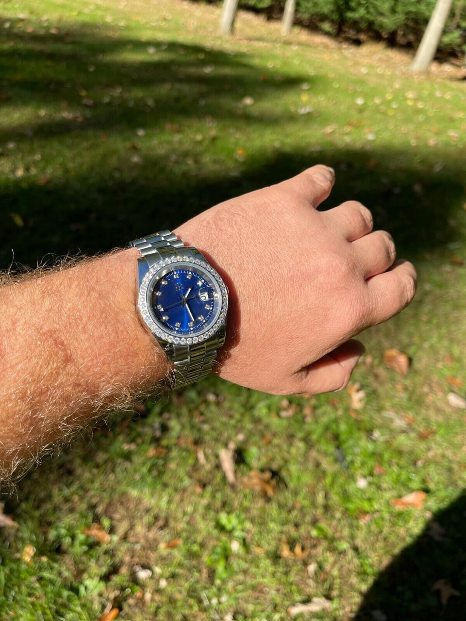 Mens Presidential Stainless Blue Face Iced Bezel 41mm Automatic Movement Watch