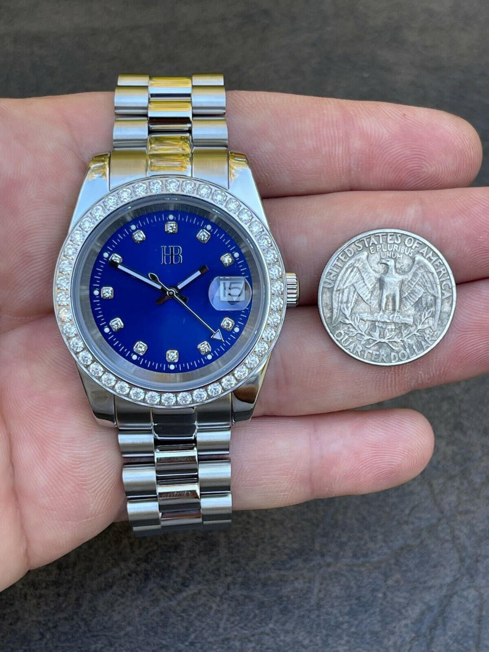 Mens Presidential Stainless Blue Face Iced Bezel 41mm Automatic Movement Watch