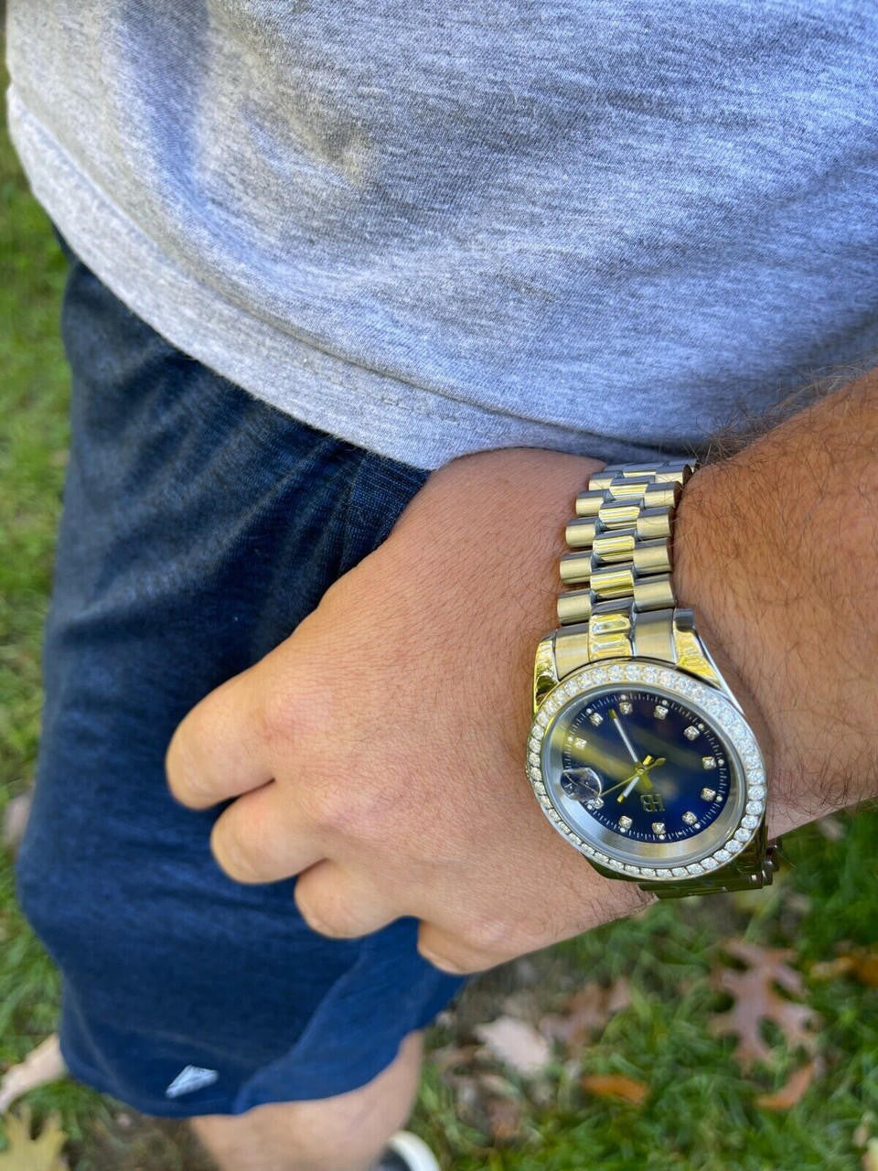 Mens Presidential Stainless Blue Face Iced Bezel 41mm Automatic Movement Watch