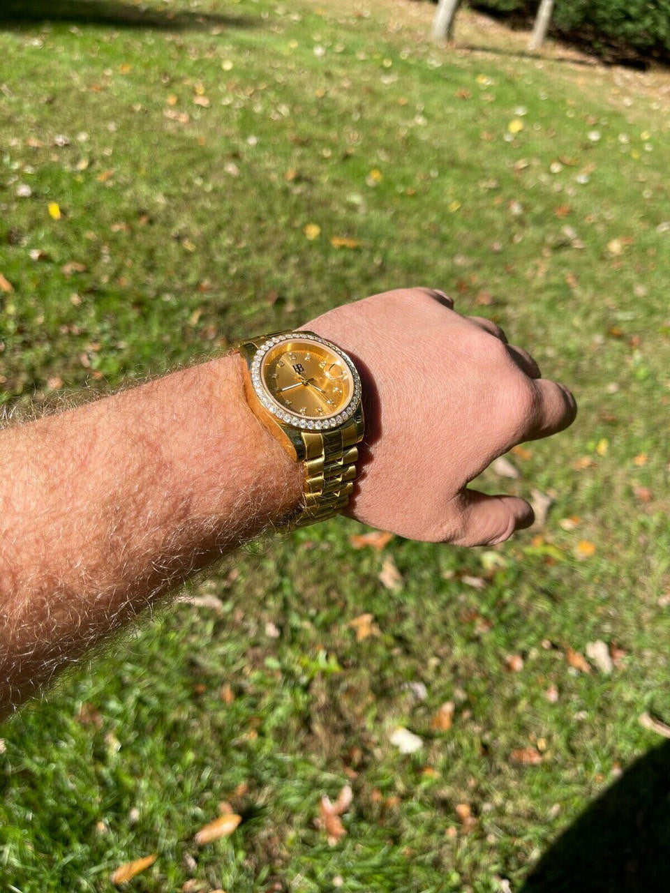 Mens Presidential Stainless Gold Plated Iced Bezel 41mm Automatic Movement Watch