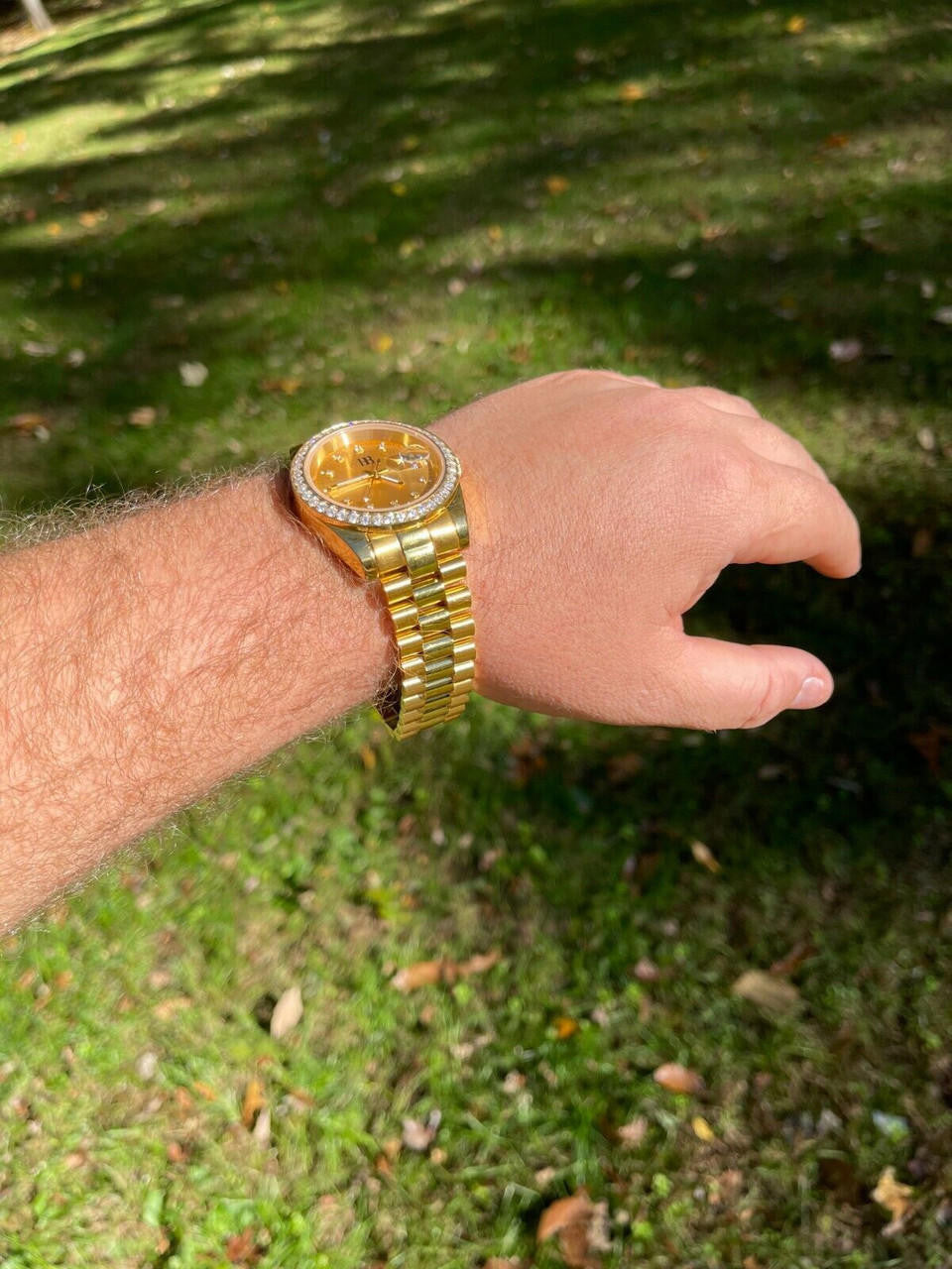 Mens Presidential Stainless Gold Plated Iced Bezel 41mm Automatic Movement Watch