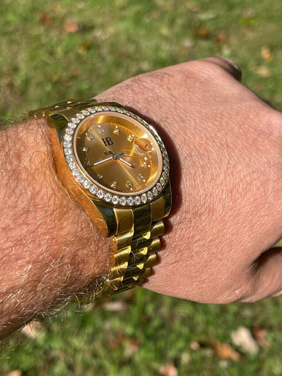 Mens Presidential Stainless Gold Plated Iced Bezel 41mm Automatic Movement Watch