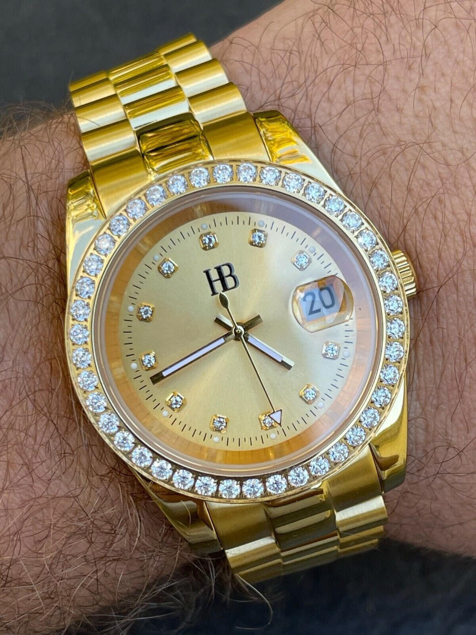 Mens Presidential Stainless Gold Plated Iced Bezel 41mm Automatic Movement Watch