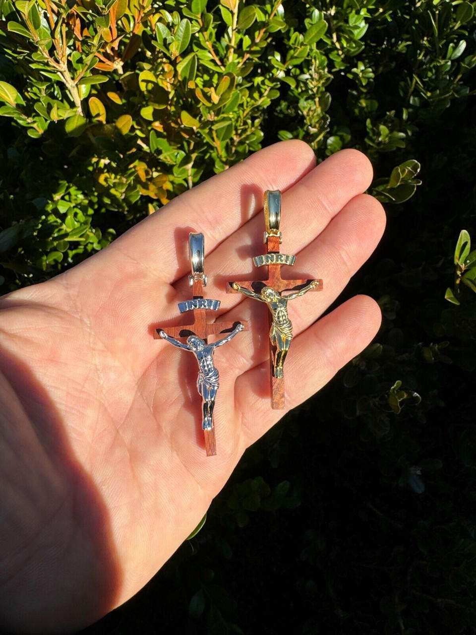 Red Cherry Walnut Wood PlainJesus Cross Pendant - 14k Gold Vermeil Or 925 Silver - Large 2.5"