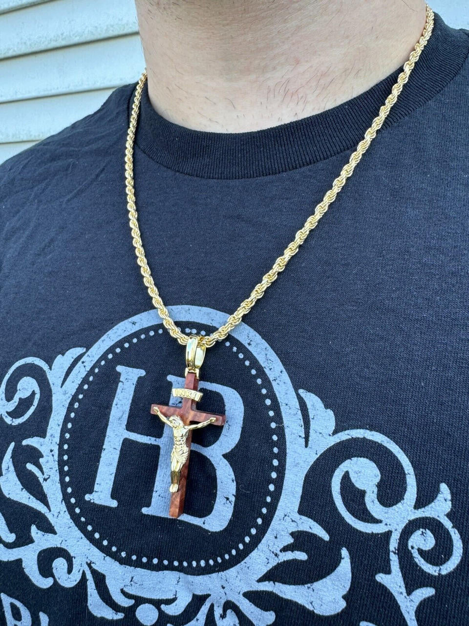 Red Cherry Walnut Wood PlainJesus Cross Pendant - 14k Gold Vermeil Or 925 Silver - Large 2.5"