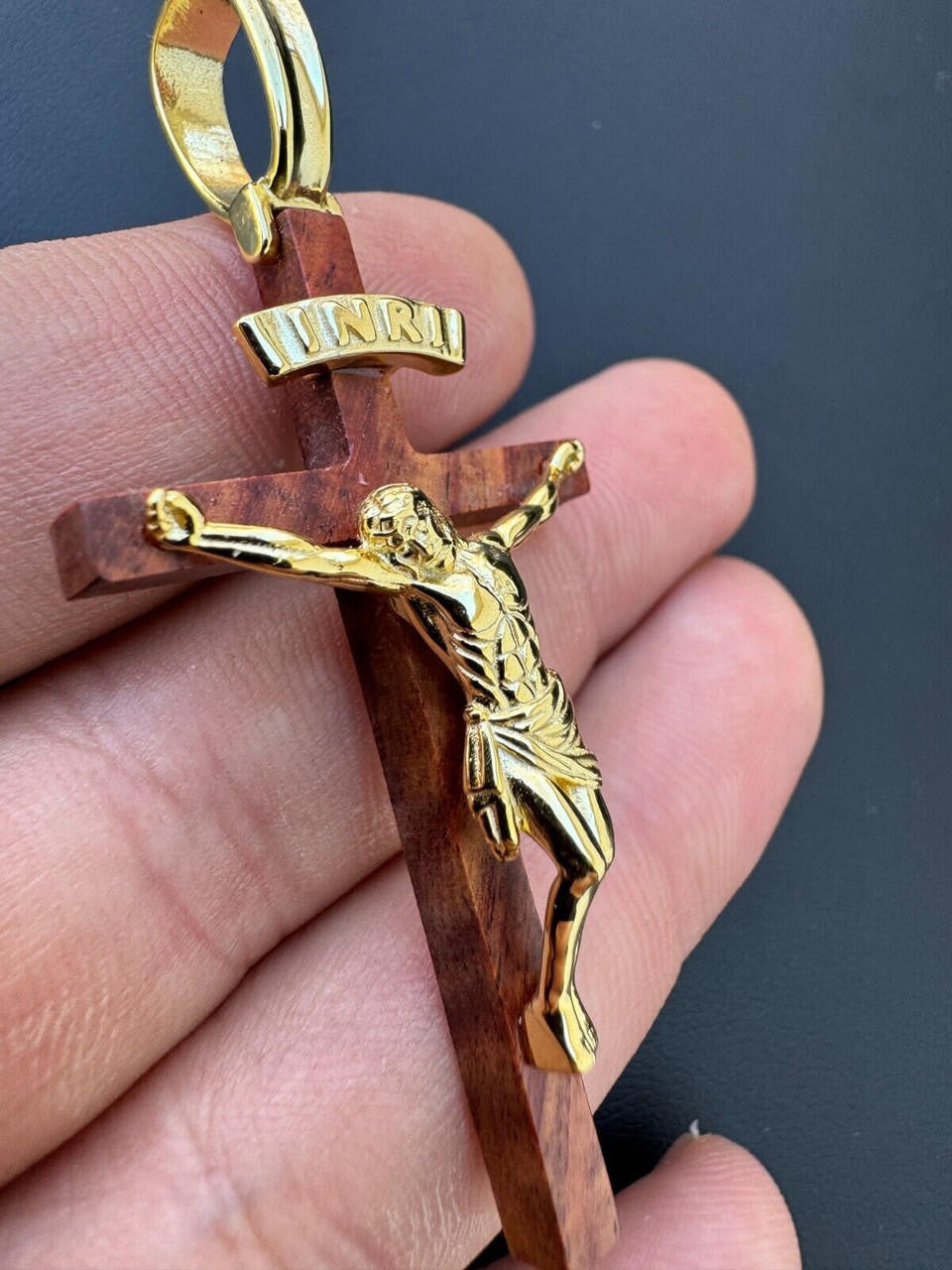 Red Cherry Walnut Wood PlainJesus Cross Pendant - 14k Gold Vermeil Or 925 Silver - Large 2.5"