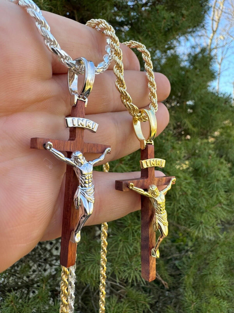 Red Cherry Walnut Wood PlainJesus Cross Pendant - 14k Gold Vermeil Or 925 Silver - Large 2.5"