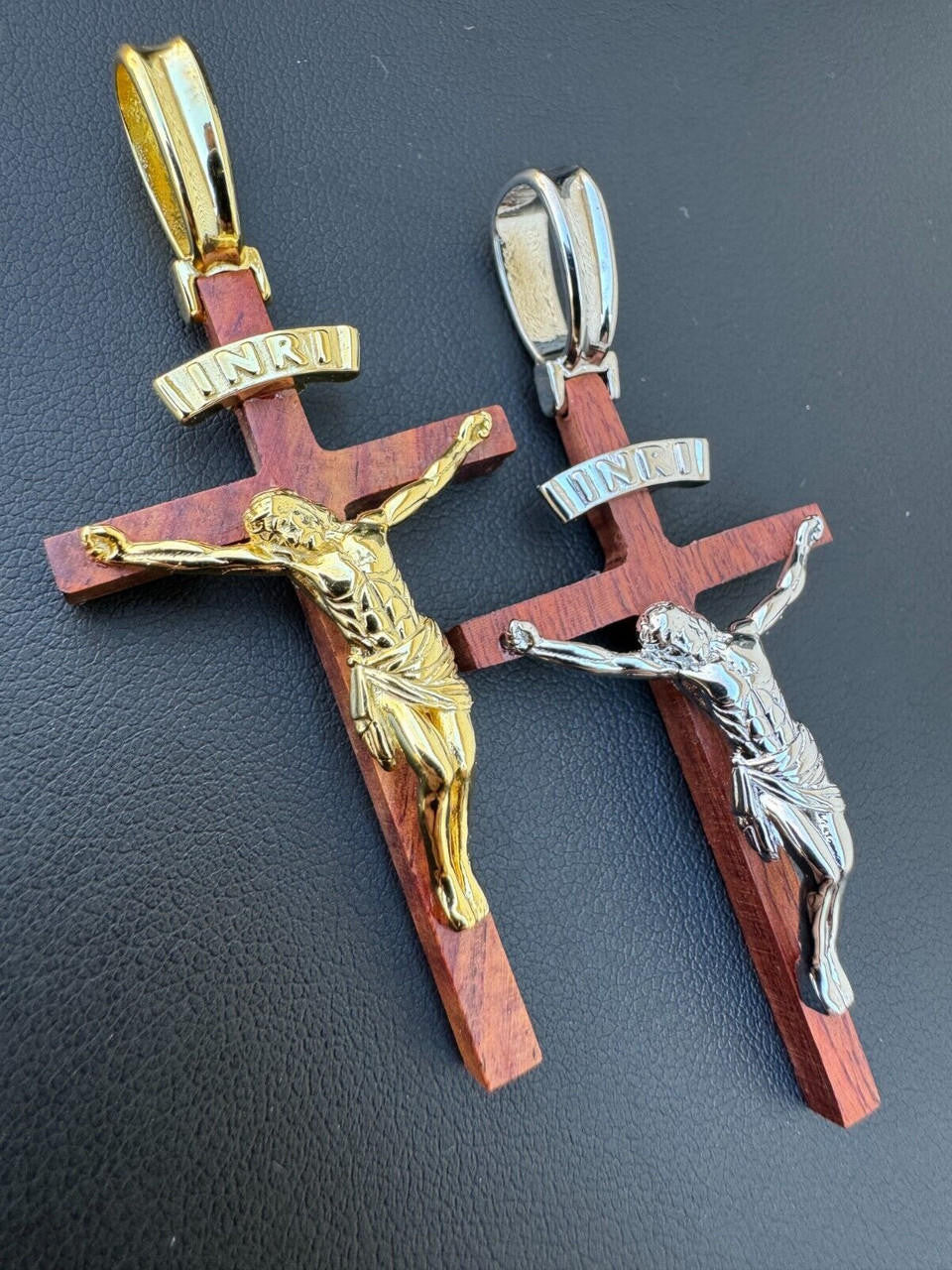 Red Cherry Walnut Wood PlainJesus Cross Pendant - 14k Gold Vermeil Or 925 Silver - Large 2.5"