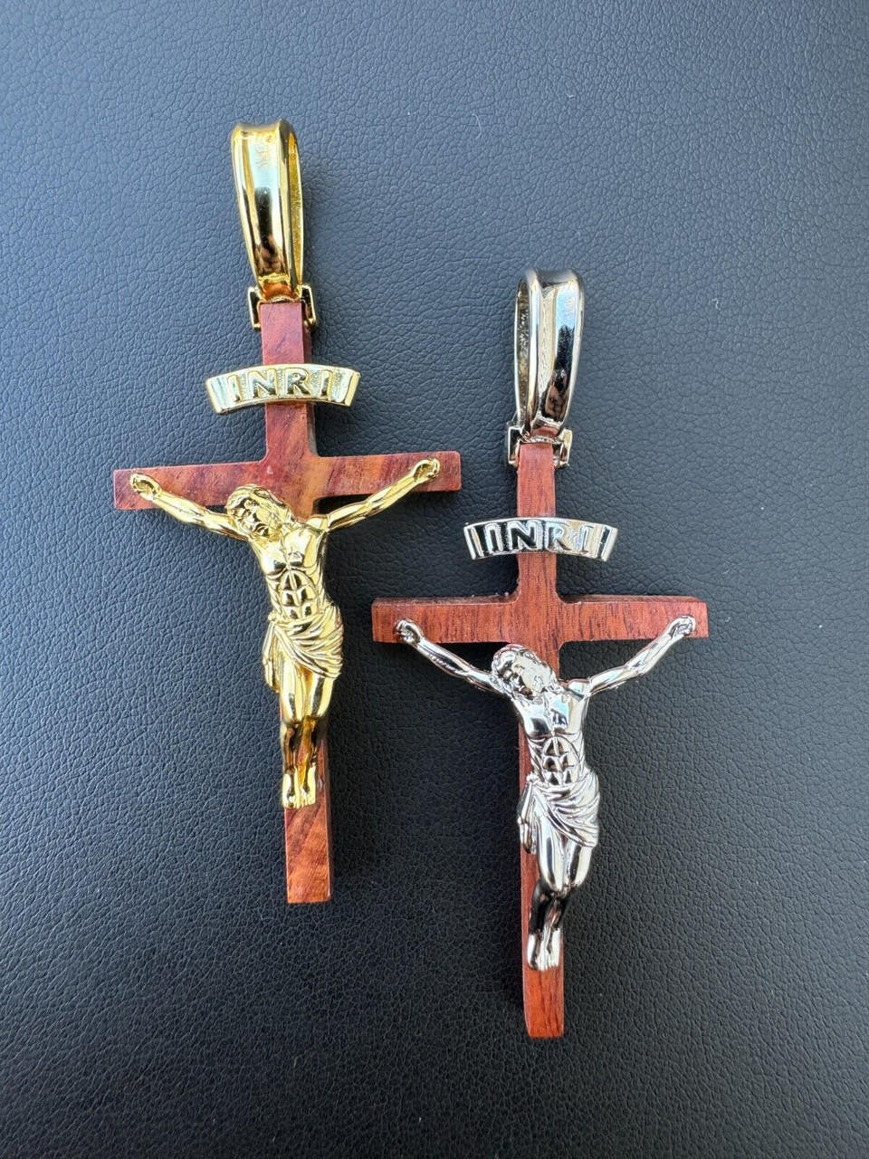 Red Cherry Walnut Wood PlainJesus Cross Pendant - 14k Gold Vermeil Or 925 Silver - Large 2.5"