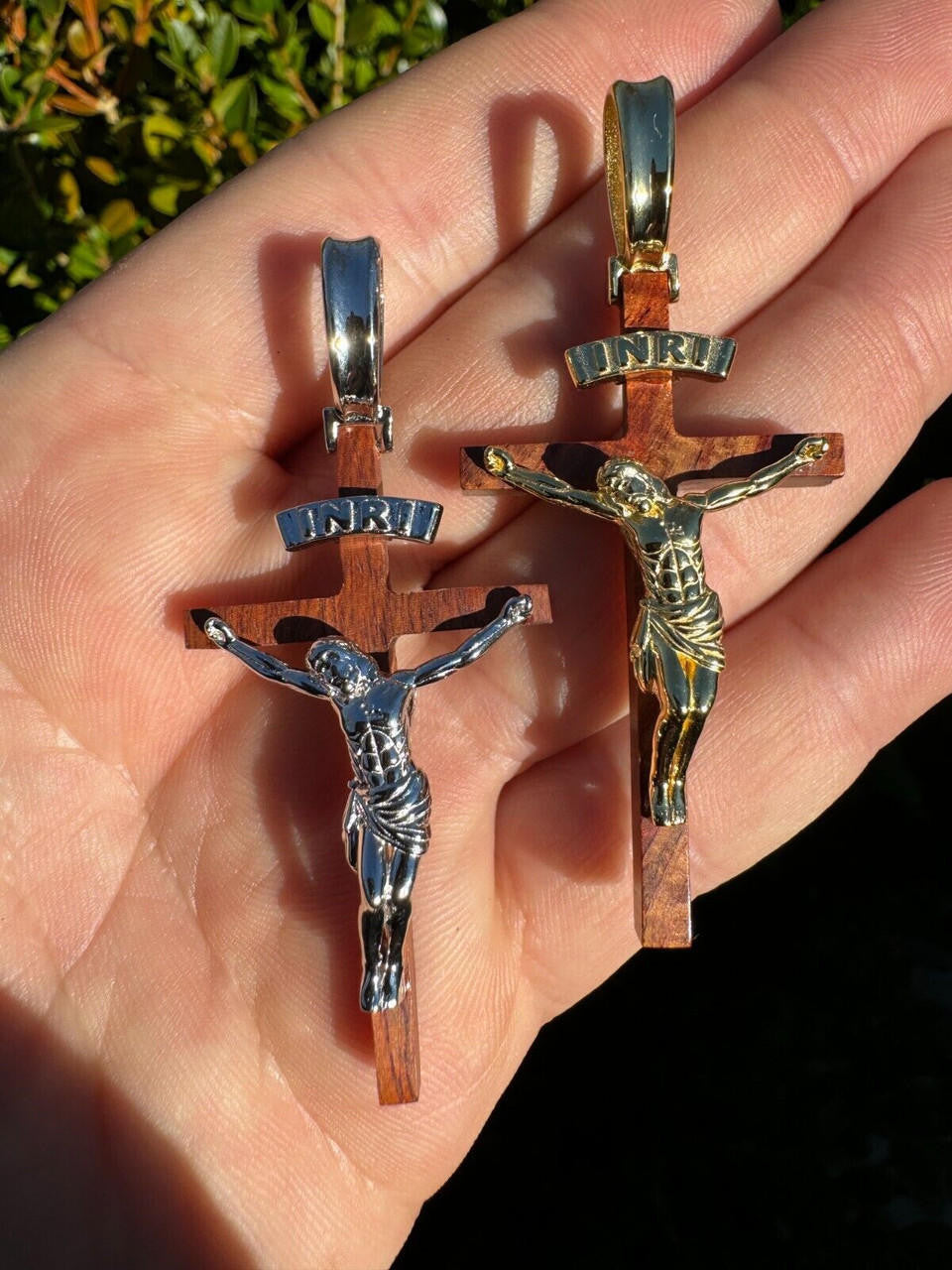 Red Cherry Walnut Wood PlainJesus Cross Pendant - 14k Gold Vermeil Or 925 Silver - Large 2.5"