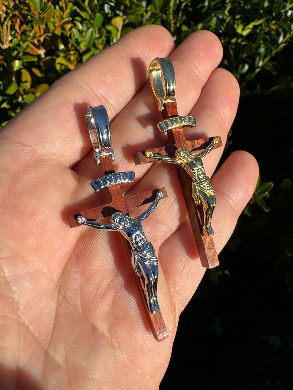 Red Cherry Walnut Wood PlainJesus Cross Pendant - 14k Gold Vermeil Or 925 Silver - Large 2.5"