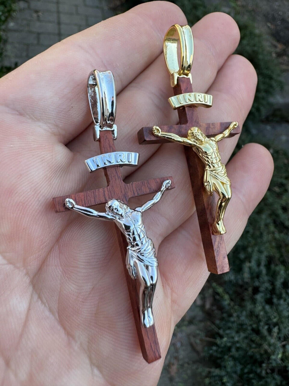 Red Cherry Walnut Wood PlainJesus Cross Pendant - 14k Gold Vermeil Or 925 Silver - Large 2.5"