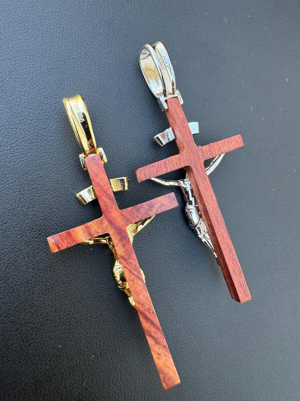 Red Cherry Walnut Wood PlainJesus Cross Pendant - 14k Gold Vermeil Or 925 Silver - Large 2.5"