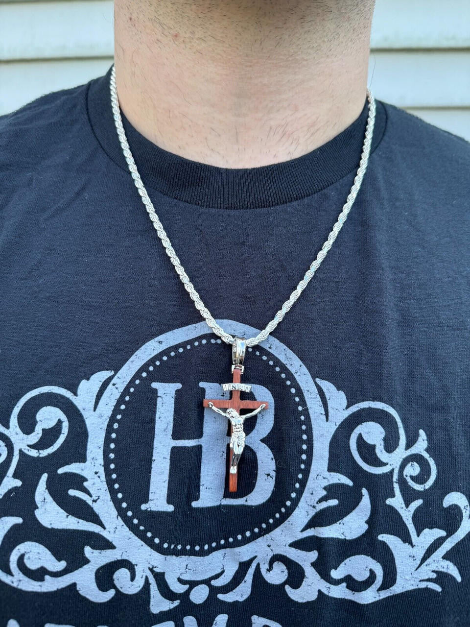 Red Cherry Walnut Wood PlainJesus Cross Pendant - 14k Gold Vermeil Or 925 Silver - Large 2.5"
