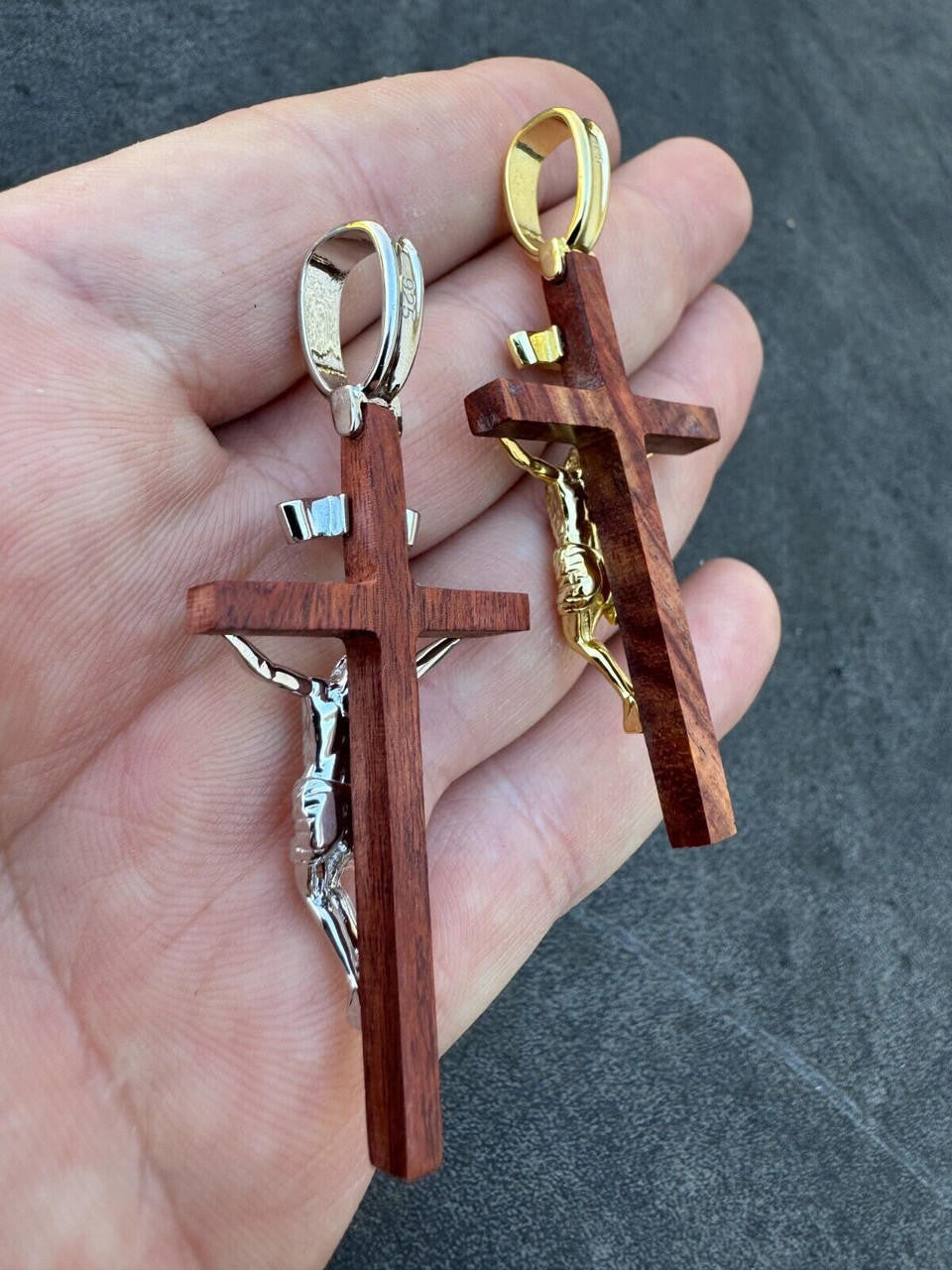 Red Cherry Walnut Wood PlainJesus Cross Pendant - 14k Gold Vermeil Or 925 Silver - Large 2.5"
