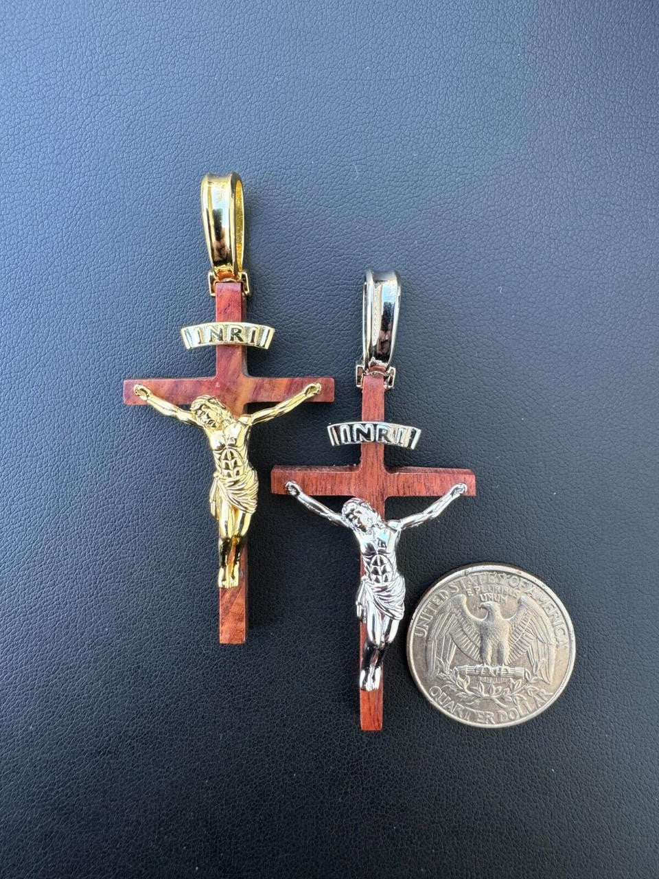 Red Cherry Walnut Wood PlainJesus Cross Pendant - 14k Gold Vermeil Or 925 Silver - Large 2.5"