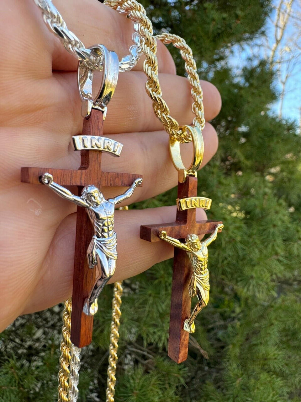 Red Cherry Walnut Wood PlainJesus Cross Pendant - 14k Gold Vermeil Or 925 Silver - Large 2.5"